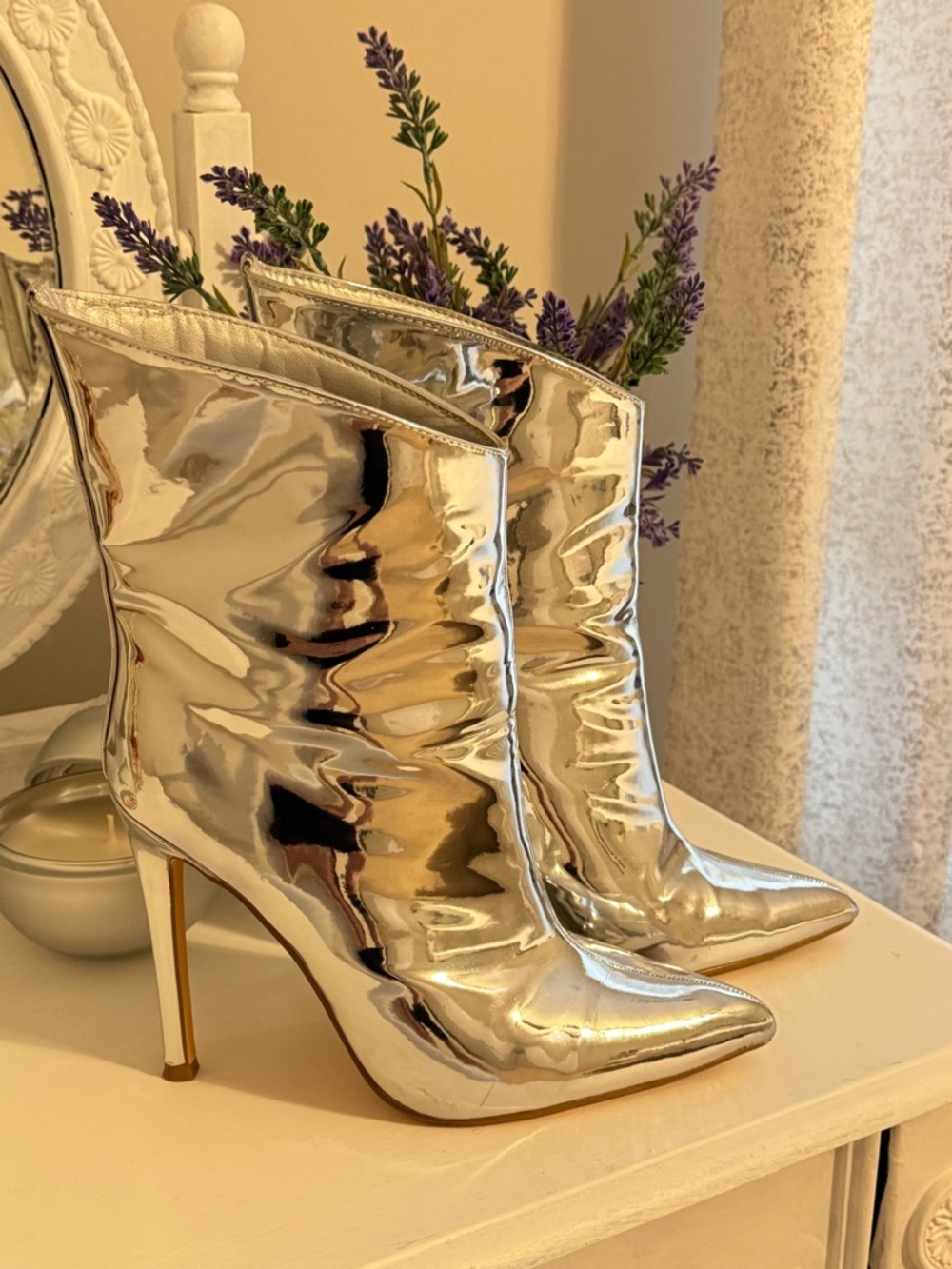 Metallic Silver Pointed-Toe Stiletto Ankle Boots - Women's Fashion